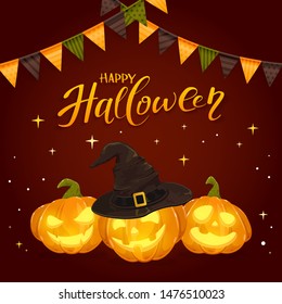 Lettering Happy Halloween with pennants, stars and smiling orange pumpkins in a black witch's hat with golden buckle on dark background, illustration.