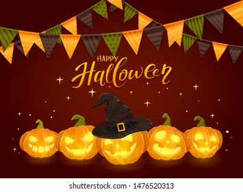 Lettering Happy Halloween with pennants, stars and set of smiling orange pumpkins in a black witch's hat with golden buckle on dark background, illustration.