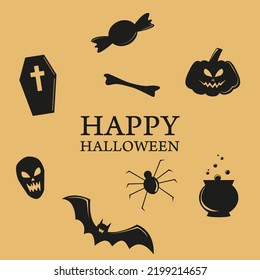 lettering happy halloween pumpkin scary face spider candy bat bone coffin and witchs cauldron