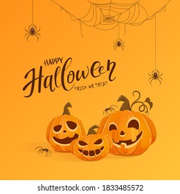 Lettering Happy Halloween and pumpkins with black spiders on orange background. Jack O' Lantern with scary smiles. Halloween theme. Illustration can be used for children's holiday design, card, banner