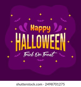 lettering happy halloween with purple background for greeting. lettering trick or treat.