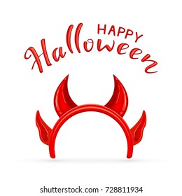 Lettering Happy Halloween and red mask with horns and ears of the demon isolated on white background, illustration.