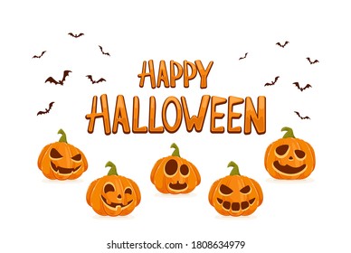 Lettering Happy Halloween and scary pumpkins with bats isolated on white background. Holiday card with Jack O' Lanterns. Illustration can be used for children's holiday design, banners, cards
