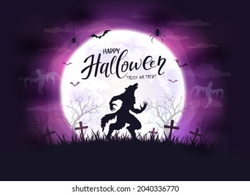 Lettering Happy Halloween and scary werewolf in cemetery on purple background with big Moon. Illustration with monster silhouette can be used for holiday Halloween design, decorations, cards, banners