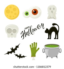 Lettering Happy Halloween and set of flat icons isolated on white background, illustration.
