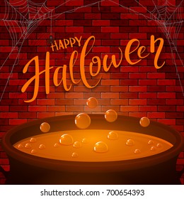 Lettering Happy Halloween and spider web on a brick wall background. Cauldron with orange potion and bubbles, illustration.