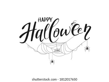Lettering Happy Halloween with spiders on spiderwed isolated on white background. Card with holiday text. Illustration can be used for children's holiday design, decorations, banners