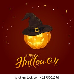 Lettering Happy Halloween with stars and smiling orange pumpkin in a black witch's hat with golden buckle on dark background, illustration.