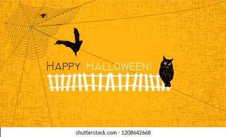 Lettering Happy Halloween! Text Banner, Webs and Spider, bats, witch, owl and big moon, October 31 Greeting Card, Vector Illustration.