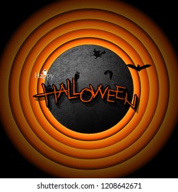 Lettering Happy Halloween! Text Banner, Webs and Spider, bats, witch, owl and big moon, October 31 Greeting Card, Vector Illustration.