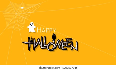 Lettering Happy Halloween! Text Banner, Webs and Spider, bats, witch, owl and big moon, October 31 Greeting Card, Vector Illustration.