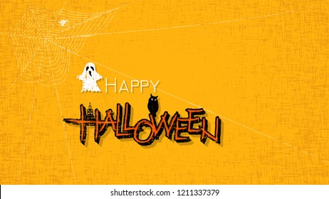 Lettering Happy Halloween! Text Banner, Webs and Spider, bats, witch, owl and big moon, October 31 Greeting Card, Vector Illustration.