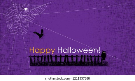 Lettering Happy Halloween! Text Banner, Webs and Spider, bats, witch, owl and big moon, October 31 Greeting Card, Vector Illustration.