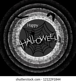 Lettering Happy Halloween! Text Banner, Webs and Spider, bats, witch, owl and big moon, October 31 Greeting Card, Vector Illustration.
