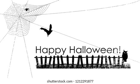 Lettering Happy Halloween! Text Banner, Webs and Spider, bats, witch, owl and big moon, October 31 Greeting Card, Vector Illustration.