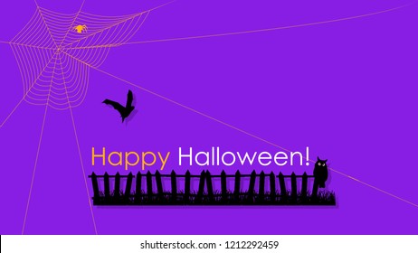 Lettering Happy Halloween! Text Banner, Webs and Spider, bats, witch, owl and big moon, October 31 Greeting Card, Vector Illustration.