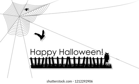 Lettering Happy Halloween! Text Banner, Webs and Spider, bats, witch, owl and big moon, October 31 Greeting Card, Vector Illustration.