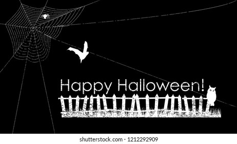 Lettering Happy Halloween! Text Banner, Webs and Spider, bats, witch, owl and big moon, October 31 Greeting Card, Vector Illustration.