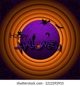 Lettering Happy Halloween! Text Banner, Webs and Spider, bats, witch, owl and big moon, October 31 Greeting Card, Vector Illustration.