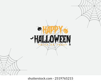 Lettering Happy Halloween text design. Halloween holiday party banner design template. Happy Halloween typography workmark design with bats, pumpkins, and spider web. 