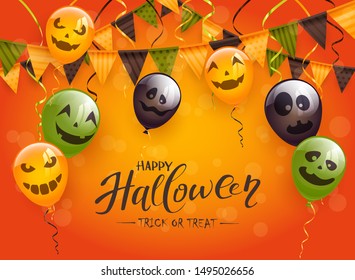 Lettering Happy Halloween and Trick or Treat on orange background with black and green scary balloons, pennants and streamers. Illustration can be used for holiday cards, invitations and banners.