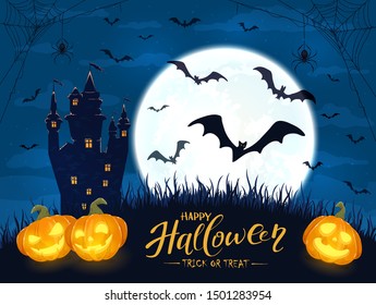 Lettering Happy Halloween and Trick or Treat with pumpkins, castle and moon. Jack O' Lanterns, bats and spiders on night background. Illustration can be used for holiday cards, invitations and banners