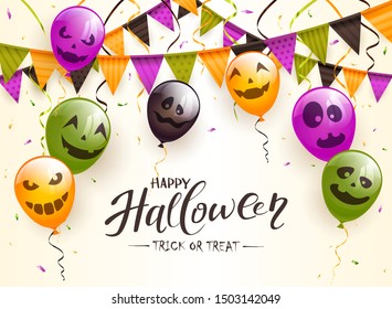 Lettering Happy Halloween and Trick or Treat on beige background. Colorful balloons with scary faces. Illustration can be used for holiday cards, invitations, children's clothing design and banners.