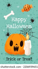Lettering Happy Halloween and Trick or Treat watercolor texture pumpkin bone burning candle and spiders