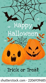 Lettering Happy Halloween and Trick or Treat watercolor pumpkin bats cobweb and stars