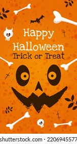 Lettering Happy Halloween and Trick or Treat watercolor texture of bone and skull twigs and scary muzzle