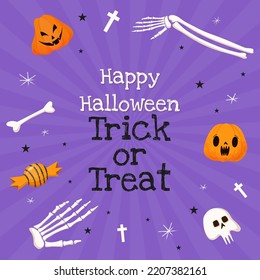 Lettering Happy Halloween and Trick or Treat pumpkin bones crosses skull and candy