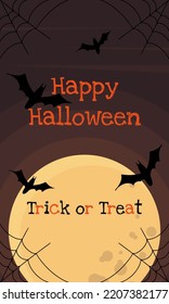 Lettering Happy Halloween and Trick or Treat against a full moon night sky with cobwebs and bats