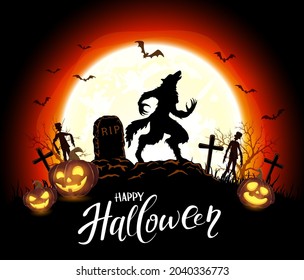 Lettering Happy Halloween y werewolf en el cementerio sobre el fondo naranja con la luna y calabazas. La ilustración en estilo de dibujos animados puede utilizarse para el diseño de vacaciones, decoraciones, tarjetas, banners