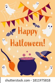 Lettering Happy Halloween. Witch's cauldron with steam, bats, ghosts, cobwebs, broom, a witch hat, stars, holiday ribbons. Vector flat cartoon illustration. Halloween night party, holiday vibes.