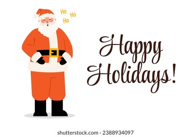 Lettering Happy Holidays Christmas greeting with Santa Claus character. Vector banner for holiday design in flat style on white background