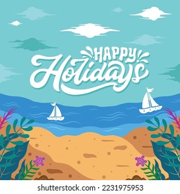 Leer Vector de Felices Fiestas, Ilustración, Diseño de Caligrafía, Blanco, Marrón, Crema, Tosca, Verde, Magenta y Azul, Usable para Afiche, Carteles, Postales, Papel de escritorio, Regalos, etc.