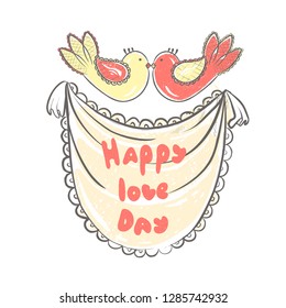 lettering happy love day , stylized large letters on a white background with with birds in love