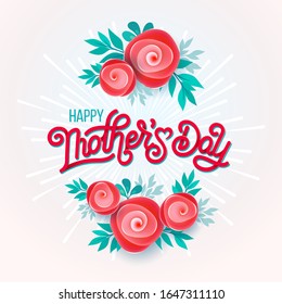 Lettering Happy Mothers Day beautiful greeting card. Bright vector illustration with colorful trend floral art. Traditional flowers bouquet.