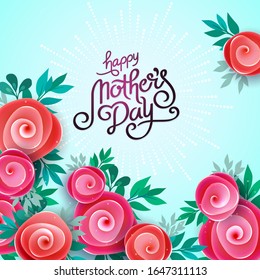 Lettering Happy Mothers Day beautiful greeting card. Bright vector illustration with colorful trend floral art. Traditional flowers bouquet.