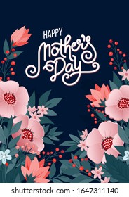 Lettering Happy Mothers Day beautiful greeting card. Bright vector illustration with colorful trend floral art. Traditional flowers bouquet.