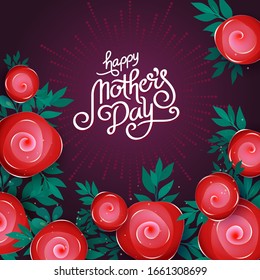 Lettering Happy Mothers Day beautiful greeting card. Bright vector illustration with colorful trend floral art. Traditional flowers bouquet.