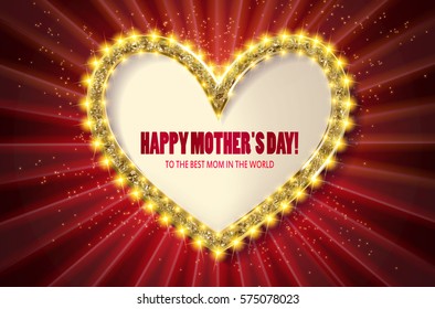 Lettering Happy Mothers Day beautiful greeting card. Bright vector illustration with gold shine texture. Greeting card. Red version