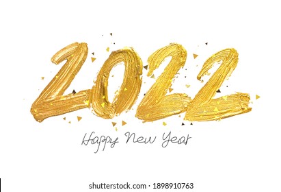 Lettering Happy New Year 2022. Gold textured brush strokes on white background. Festive New Year greeting card. Vector illustration.