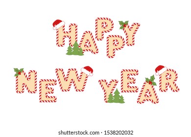 Lettering Happy New Year for banners and cards isolated on white background with decorations. Vector illustration