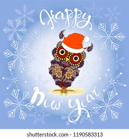 Lettering Happy New Year, cute violet owl in red hat, coloring page design element stock vector illustration for web, for print on blue and snowflakes background, for web, for print