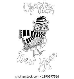 Lettering Happy New Year, cute owl in striped scarf and hat for coloring page design element stock vector illustration for web, for print