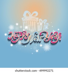 Lettering "Happy New Year". Hand drawing, twisted individual font. Blue background, pink letters. Gift.