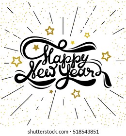 Lettering Happy New Year on gold dots and rays background. Vector illustration.