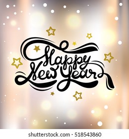 Lettering Happy New Year on colorful bokeh, glow and light leak effect background. Vector illustration.