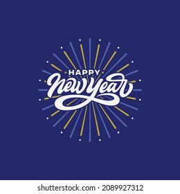 Leer el logotipo de diseño de la caligrafía del vector de Año Nuevo Feliz, color blanco, azul y dorado sobre fondo azul, utilizable para afiches, carteles, postales, papel de escritorio, regalos, etc.